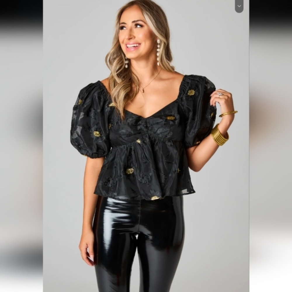 Buddy Love Size Medium Black and Gold Peplum Puff Sleeve Top